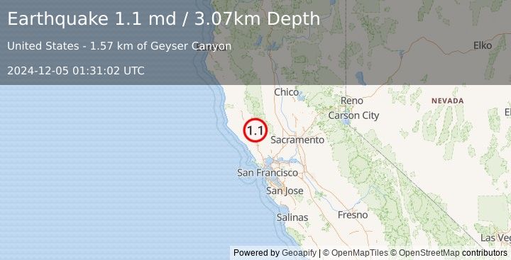 Earthquake 5 km NNW of The Geysers, CA (1.1 md) (2024-12-05 01:31:02 UTC)