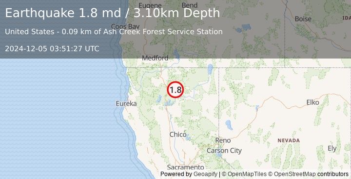 Earthquake 16 km E of McCloud, CA (1.8 md) (2024-12-05 03:51:27 UTC)