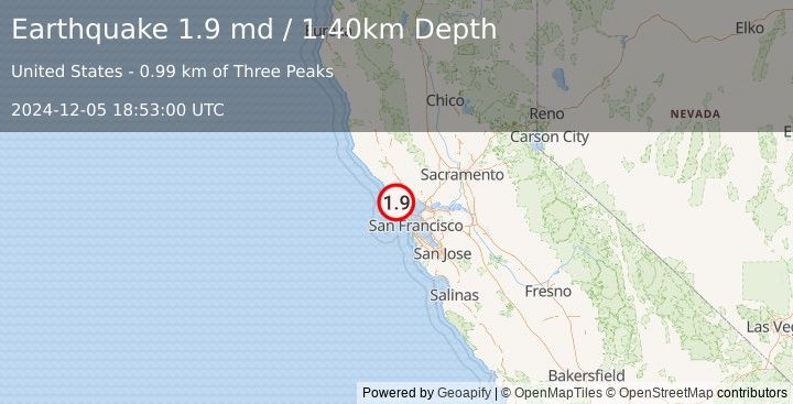 Earthquake 6 km NE of Inverness, CA (1.9 md) (2024-12-05 18:53:00 UTC)