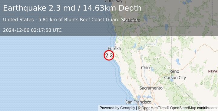 Earthquake 24 km WNW of Petrolia, CA (2.3 md) (2024-12-06 02:17:58 UTC)