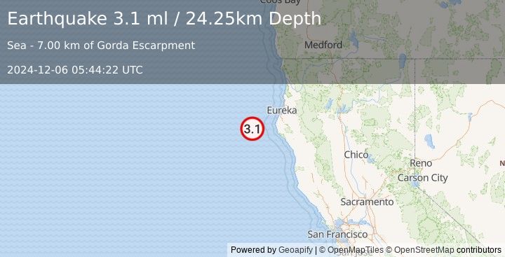 Earthquake 68 km WNW of Petrolia, CA (3.1 ml) (2024-12-06 05:44:22 UTC)