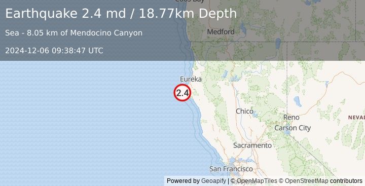 Earthquake 21 km WNW of Petrolia, CA (2.4 md) (2024-12-06 09:38:47 UTC)