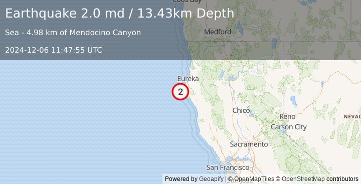 Earthquake 18 km WNW of Petrolia, CA (2.0 md) (2024-12-06 11:47:55 UTC)