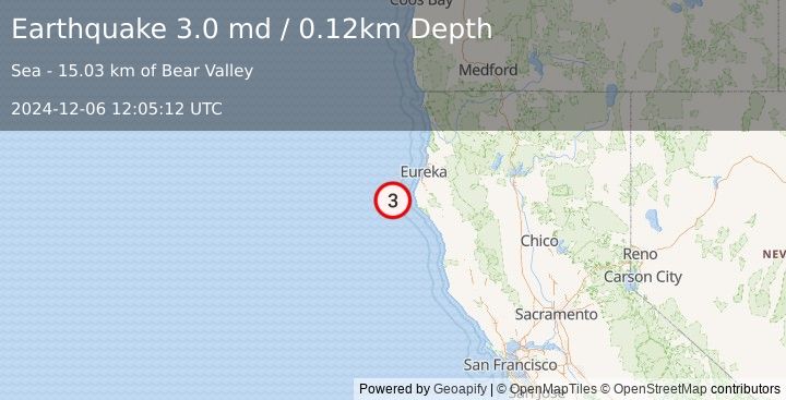 Earthquake 42 km WNW of Petrolia, CA (3.0 md) (2024-12-06 12:05:12 UTC)