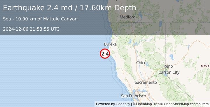 Earthquake 26 km W of Petrolia, CA (2.4 md) (2024-12-06 21:53:55 UTC)