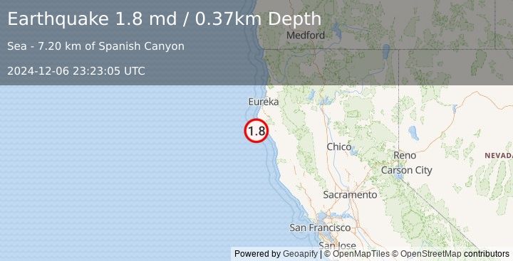 Earthquake 26 km SSW of Petrolia, CA (1.8 md) (2024-12-06 23:23:05 UTC)