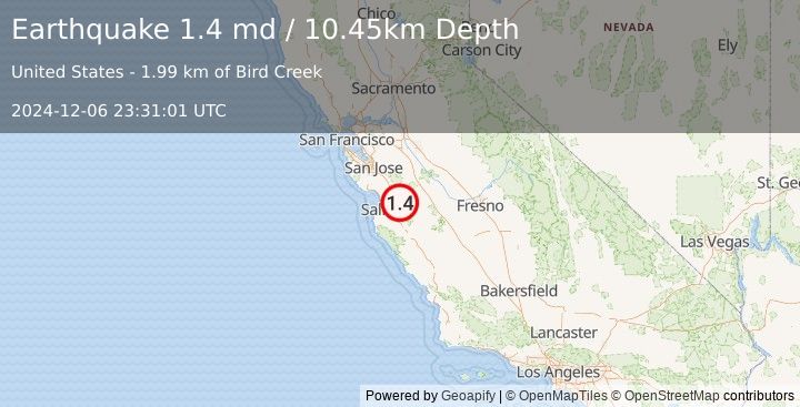 Earthquake 5 km SSW of Ridgemark, CA (1.4 md) (2024-12-06 23:31:01 UTC)