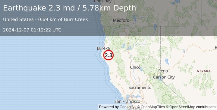 Earthquake 28 km ESE of Rio Dell, CA (2.3 md) (2024-12-07 01:12:22 UTC)