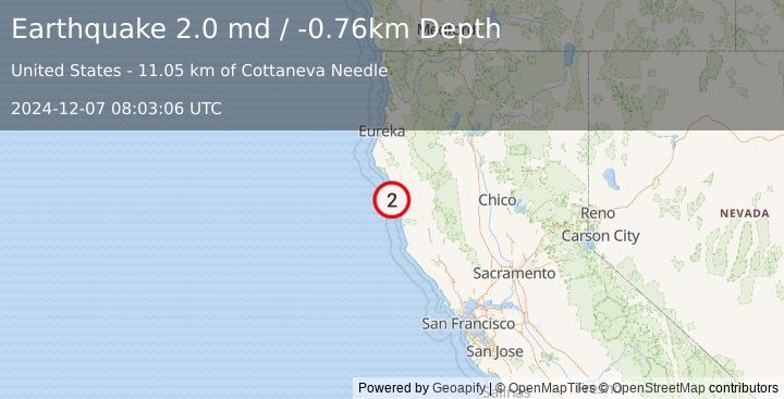 Earthquake 11 km WNW of Cape Vizcaino, CA (2.0 md) (2024-12-07 08:03:06 UTC)