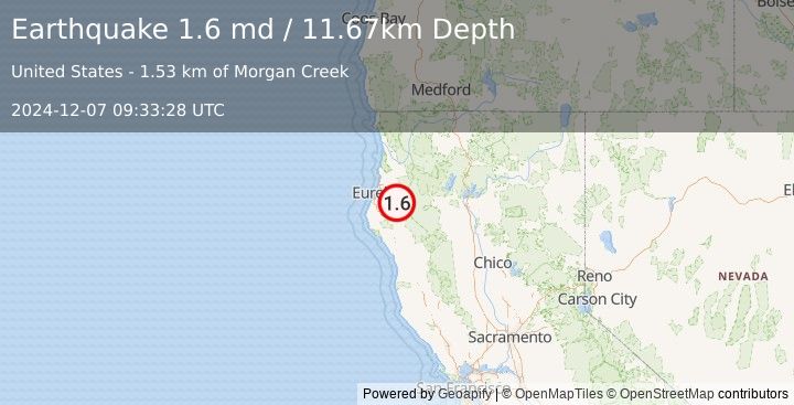 Earthquake 31 km E of Hydesville, CA (1.6 md) (2024-12-07 09:33:28 UTC)