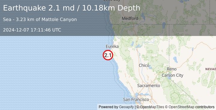 Earthquake 16 km W of Petrolia, CA (2.1 md) (2024-12-07 17:11:46 UTC)