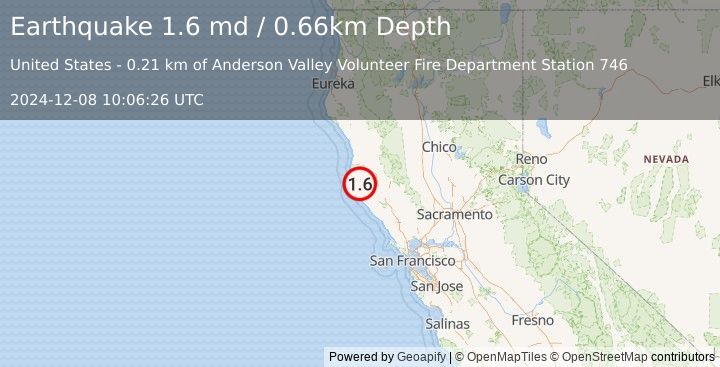 Earthquake 19 km SE of Navarro Head, CA (1.6 md) (2024-12-08 10:06:26 UTC)