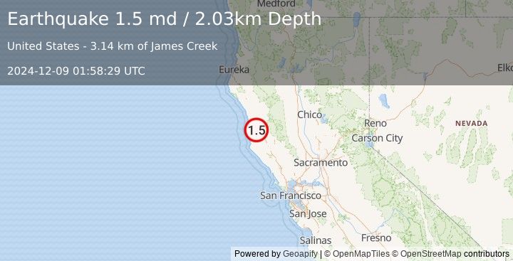 Earthquake 13 km WSW of Willits, CA (1.5 md) (2024-12-09 01:58:29 UTC)