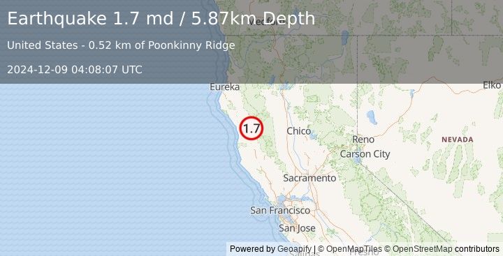 Earthquake 7 km WNW of Covelo, CA (1.7 md) (2024-12-09 04:08:07 UTC)