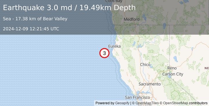 Earthquake 54 km WNW of Petrolia, CA (3.0 md) (2024-12-09 12:21:45 UTC)