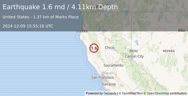 Earthquake 14 km SSE of Covelo, CA (1.6 md) (2024-12-09 15:55:16 UTC)