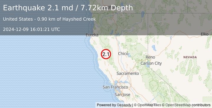 Earthquake 15 km SE of Covelo, CA (2.1 md) (2024-12-09 16:01:21 UTC)