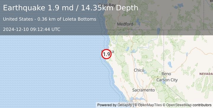 Earthquake 8 km NNE of Ferndale, CA (1.9 md) (2024-12-10 09:12:44 UTC)