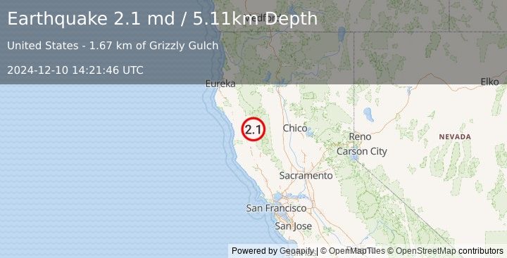 Earthquake 14 km SSE of Covelo, CA (2.1 md) (2024-12-10 14:21:46 UTC)