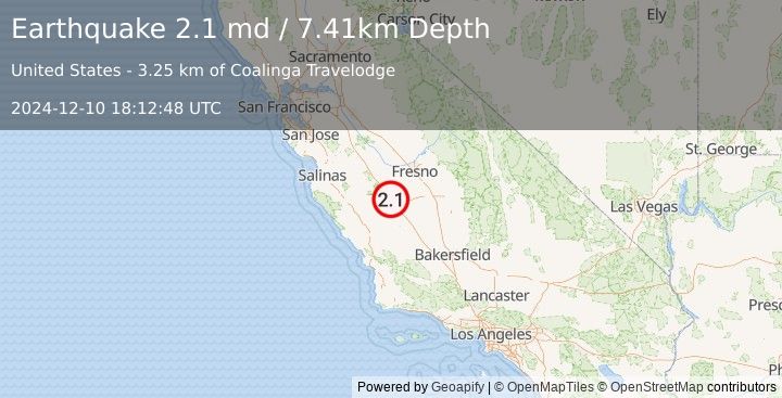 Earthquake 17 km NW of Huron, CA (2.1 md) (2024-12-10 18:12:48 UTC)