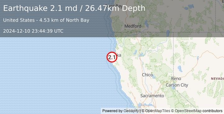 Earthquake 13 km NNW of Ferndale, CA (2.1 md) (2024-12-10 23:44:39 UTC)