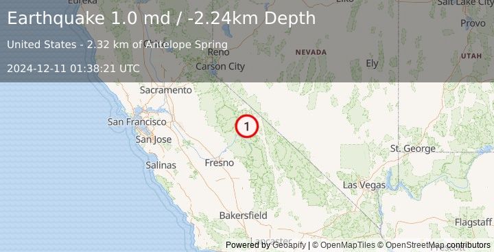 Earthquake 8 km ENE of Mammoth Lakes, CA (1.0 md) (2024-12-11 01:38:21 UTC)