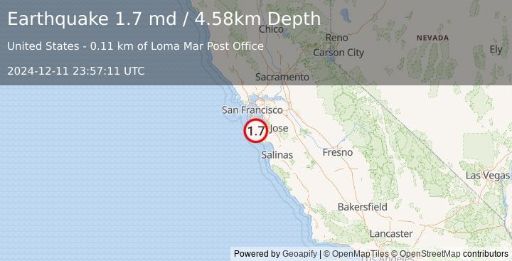 Earthquake 14 km SW of Portola Valley, CA (1.7 md) (2024-12-11 23:57:11 UTC)