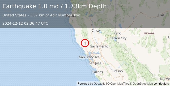 Earthquake 7 km NW of The Geysers, CA (1.0 md) (2024-12-12 02:36:47 UTC)