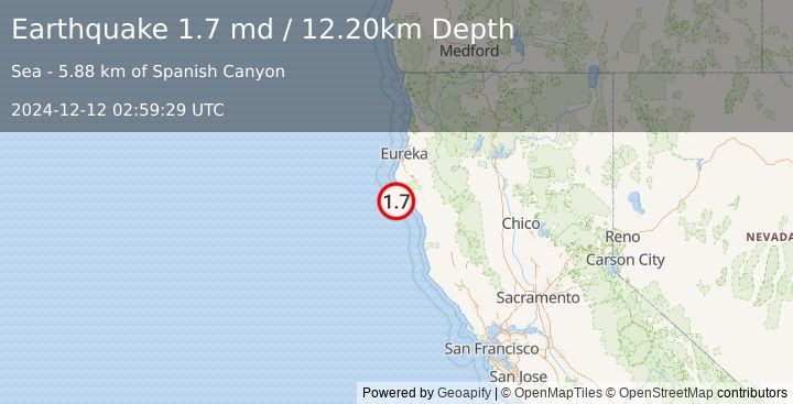 Earthquake 21 km WNW of Shelter Cove, CA (1.7 md) (2024-12-12 02:59:29 UTC)