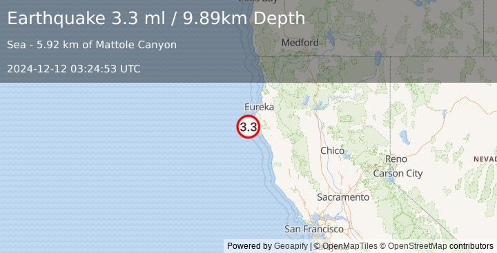 Earthquake 19 km W of Petrolia, CA (3.3 ml) (2024-12-12 03:24:53 UTC)