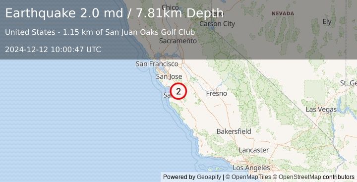 Earthquake 7 km SE of San Juan Bautista, CA (2.0 md) (2024-12-12 10:00:47 UTC)