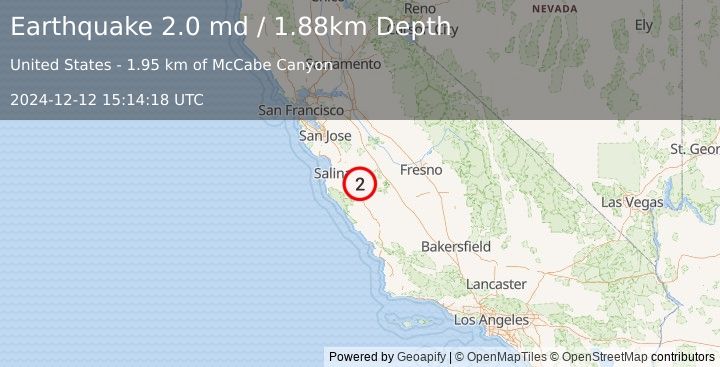 Earthquake 5 km S of Pinnacles, CA (2.0 md) (2024-12-12 15:14:18 UTC)