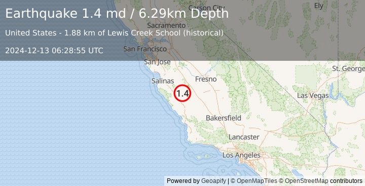 Earthquake 22 km SW of New Idria, CA (1.4 md) (2024-12-13 06:28:55 UTC)