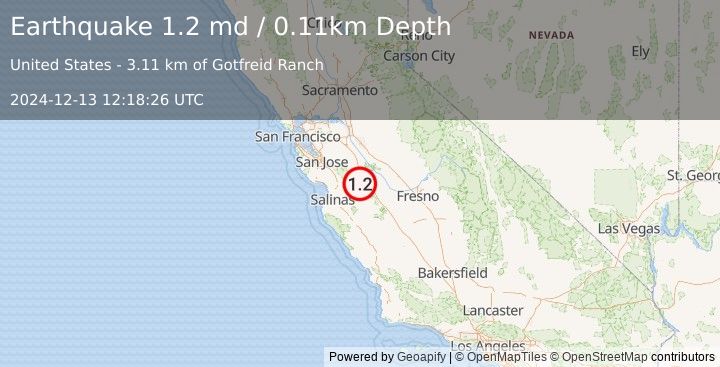 Earthquake 22 km WSW of Los Banos, CA (1.2 md) (2024-12-13 12:18:26 UTC)