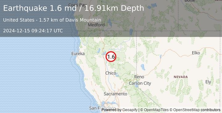 Earthquake 16 km NE of Shingletown, CA (1.6 md) (2024-12-15 09:24:17 UTC)