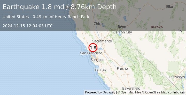 Earthquake 3 km SSW of American Canyon, CA (1.8 md) (2024-12-15 12:04:03 UTC)