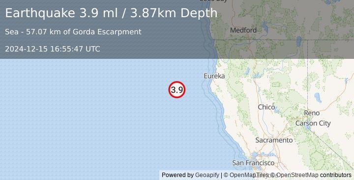 Earthquake 131 km W of Petrolia, CA (3.9 ml) (2024-12-15 16:55:47 UTC)