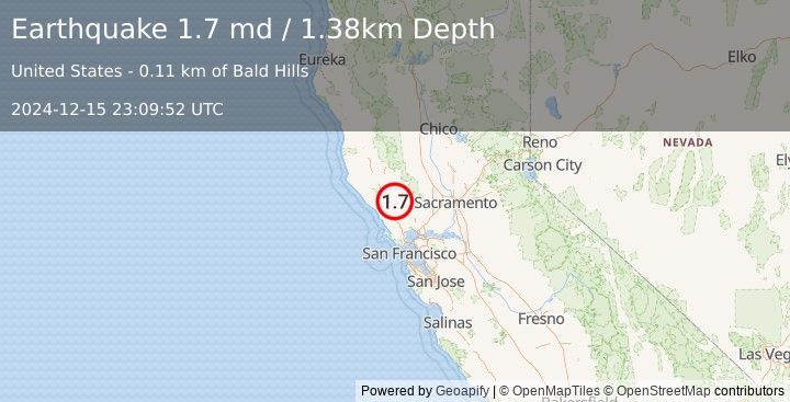 Earthquake 10 km NNE of Larkfield-Wikiup, CA (1.7 md) (2024-12-15 23:09:52 UTC)