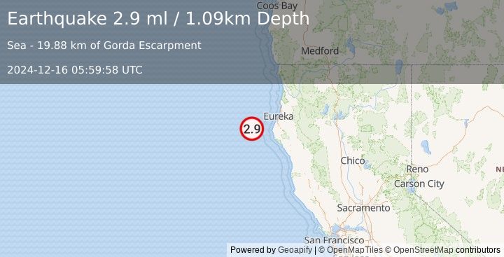 Earthquake 63 km W of Ferndale, CA (2.9 ml) (2024-12-16 05:59:58 UTC)