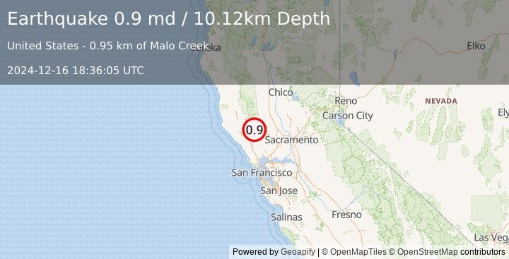 Earthquake 6 km E of Cobb, CA (0.9 md) (2024-12-16 18:36:05 UTC)