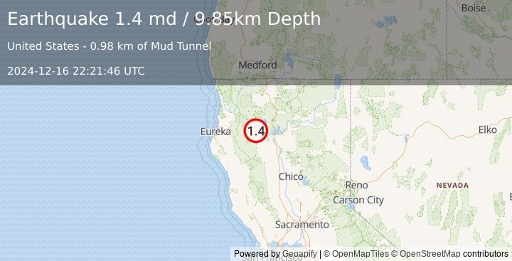 Earthquake 9 km NNE of Weaverville, CA (1.4 md) (2024-12-16 22:21:46 UTC)