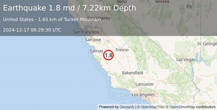 Earthquake 9 km WNW of New Idria, CA (1.8 md) (2024-12-17 06:29:30 UTC)