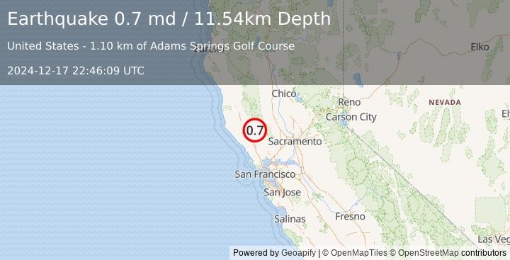 Earthquake 3 km NNW of Cobb, CA (0.7 md) (2024-12-17 22:46:09 UTC)