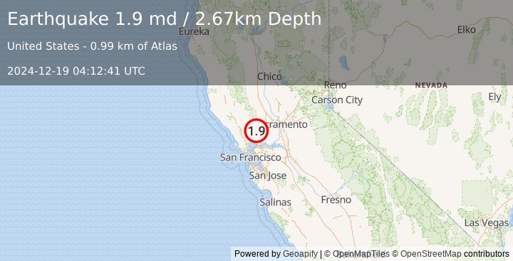 Earthquake 11 km E of Yountville, CA (1.9 md) (2024-12-19 04:12:41 UTC)