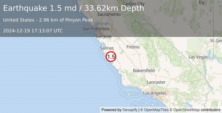 Earthquake 18 km SW of Greenfield, CA (1.5 md) (2024-12-19 17:13:07 UTC)