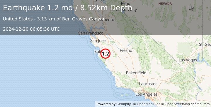 Earthquake 12 km E of Gonzales, CA (1.2 md) (2024-12-20 06:05:36 UTC)