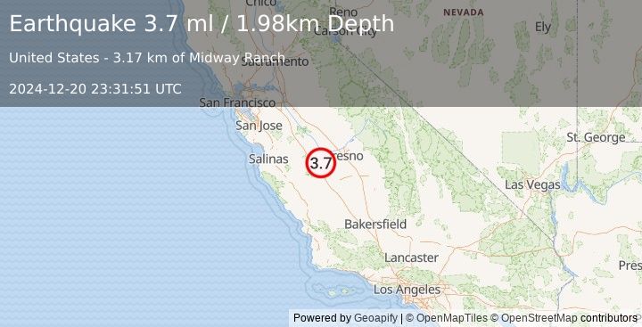 Earthquake 9 km NNW of Cantua Creek, CA (3.7 ml) (2024-12-20 23:31:51 UTC)