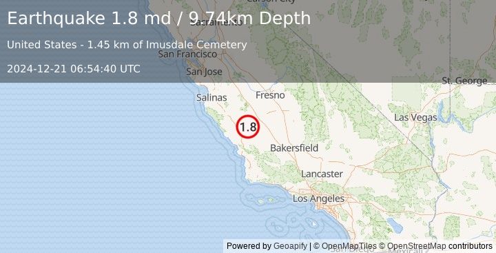 Earthquake 6 km NW of Parkfield, CA (1.8 md) (2024-12-21 06:54:40 UTC)