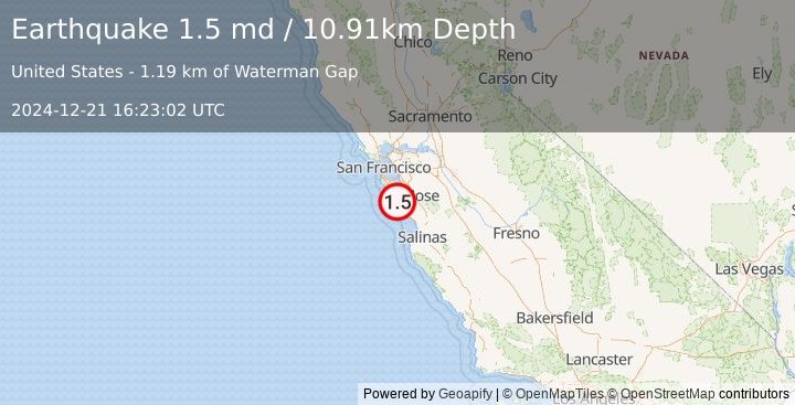 Earthquake 11 km  of Boulder Creek, CA (1.5 md) (2024-12-21 16:23:02 UTC)