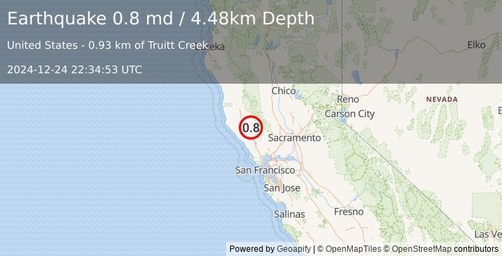 Earthquake 10 km NW of The Geysers, CA (0.8 md) (2024-12-24 22:34:53 UTC)